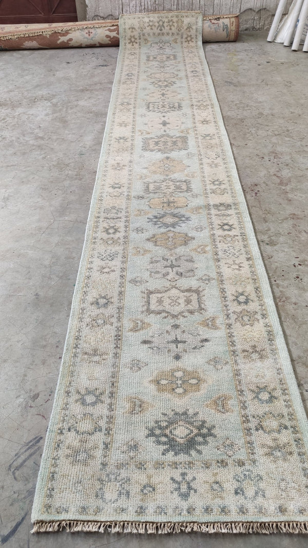 Violet 2.6x14 Aqua and Tan Hand-Knotted Oushak Runner | Banana Manor Rug Company