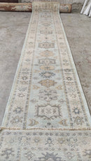 Violet 2.6x14 Aqua and Tan Hand-Knotted Oushak Runner | Banana Manor Rug Company