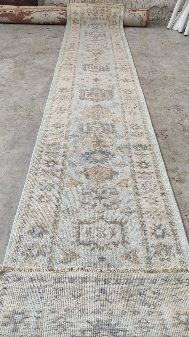 Violet 2.6x14 Aqua and Tan Hand-Knotted Oushak Runner | Banana Manor Rug Company