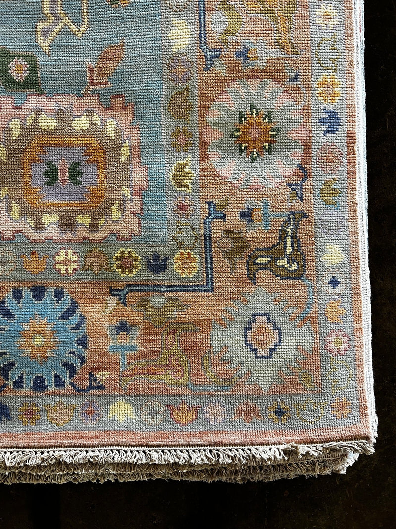 Violet 8x10.3 Light Blue and Rust Hand-Knotted Oushak Rug | Banana Manor Rug Company