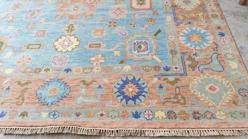 Violet 8x10.3 Light Blue and Rust Hand-Knotted Oushak Rug | Banana Manor Rug Company