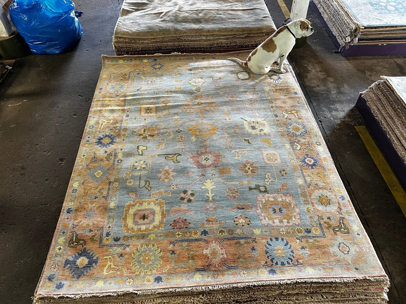 Violet 8x10.3 Light Blue and Rust Hand-Knotted Oushak Rug | Banana Manor Rug Company