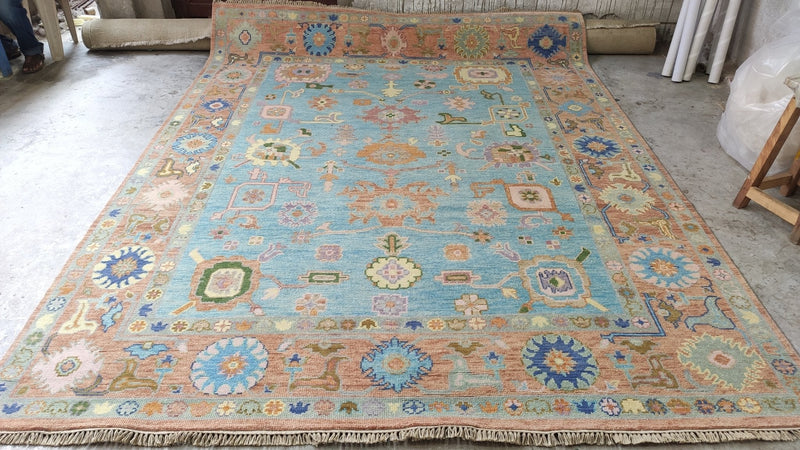 Violet 8x10.3 Light Blue and Rust Hand-Knotted Oushak Rug | Banana Manor Rug Company