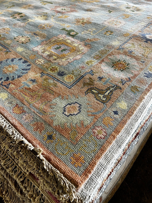 Violet 8x10.3 Light Blue and Rust Hand-Knotted Oushak Rug | Banana Manor Rug Company