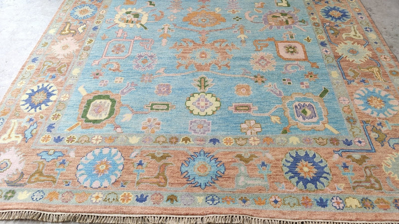 Violet 8x10.3 Light Blue and Rust Hand-Knotted Oushak Rug | Banana Manor Rug Company