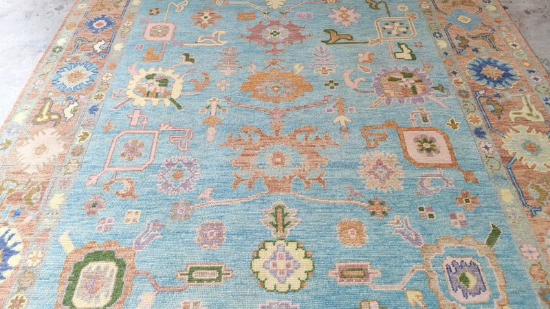 Violet 8x10.3 Light Blue and Rust Hand-Knotted Oushak Rug | Banana Manor Rug Company