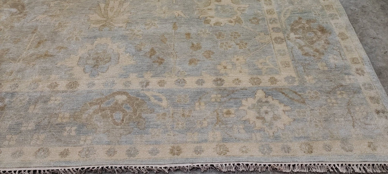 Vitas Gerulaitis 10x13.9 Aqua and Grey Hand-Knotted Oushak Rug | Banana Manor Rug Company