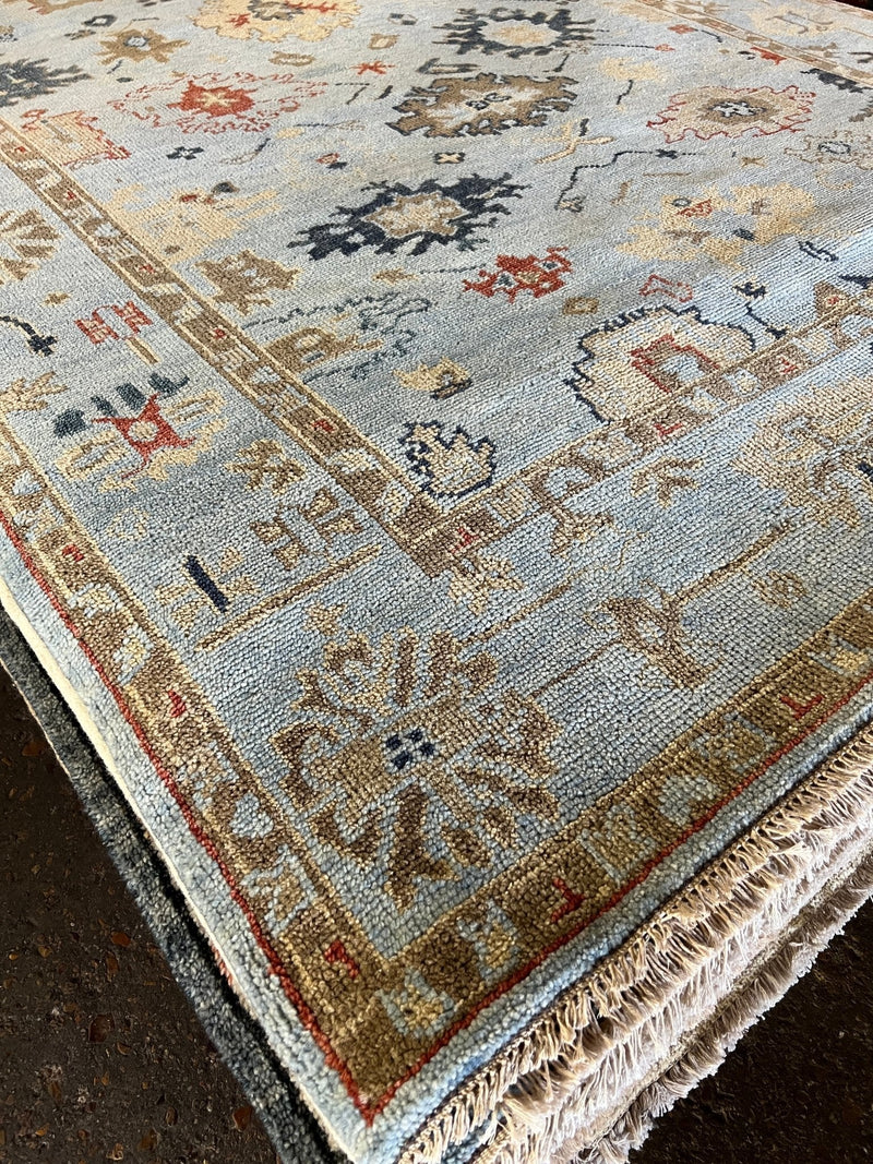 Vivian Kensington 8x10 Blue and Tan Hand-Knotted Oushak Rug | Banana Manor Rug Company