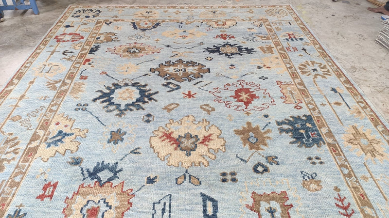 Vivian Kensington 8x10 Blue and Tan Hand-Knotted Oushak Rug | Banana Manor Rug Company