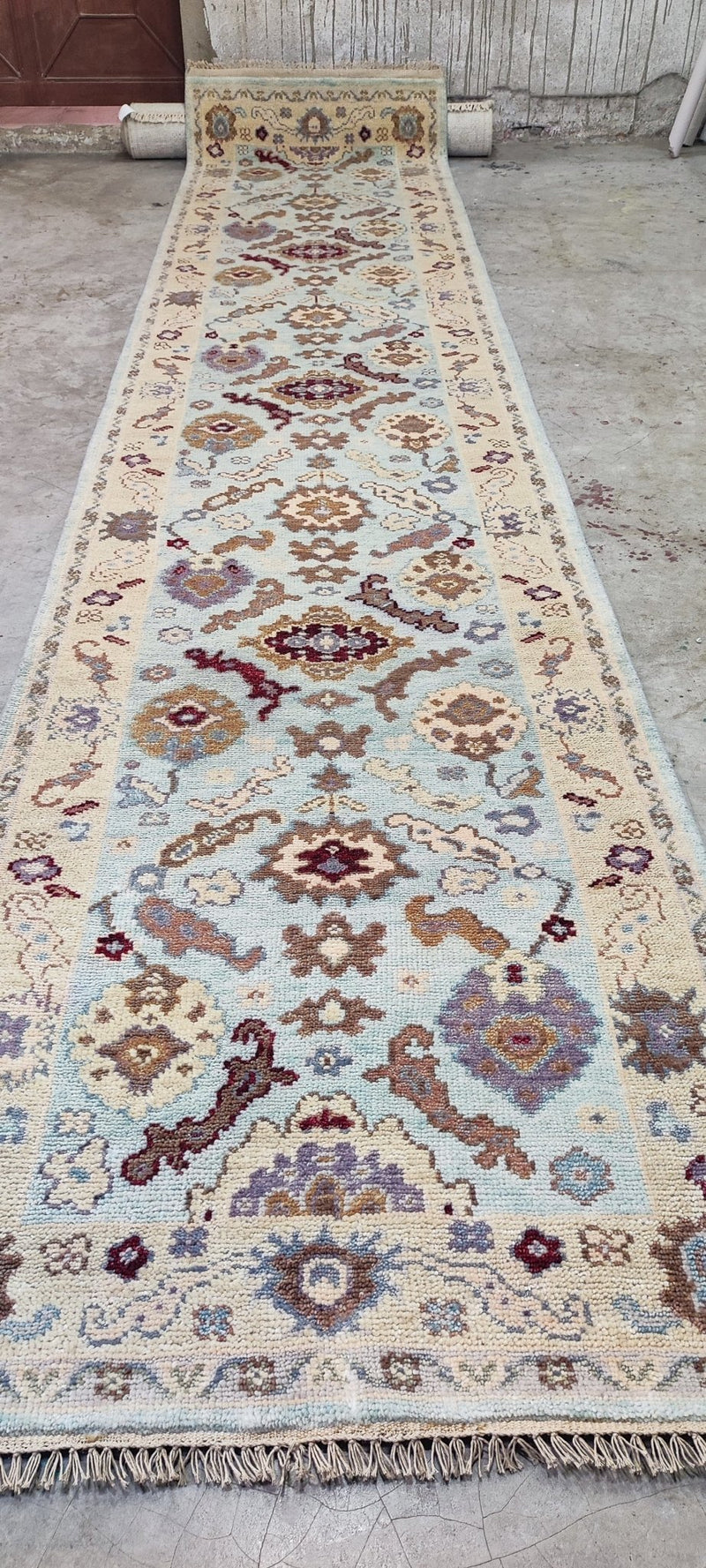 Wi Kuki Kaa Hand-Knotted Light Blue Oushak Runner 3x14 | Banana Manor Rug Company