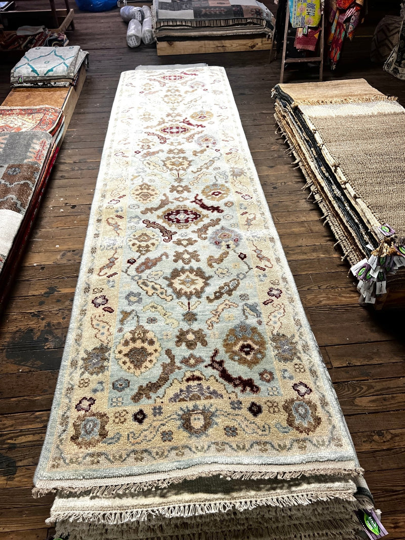 Wi Kuki Kaa Hand-Knotted Light Blue Oushak Runner 3x14 | Banana Manor Rug Company