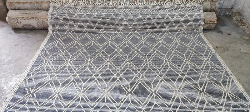 William Whitehead Handwoven Wool Durrie Ivory Blue Geometrical (various sizes) | Banana Manor Rug Company