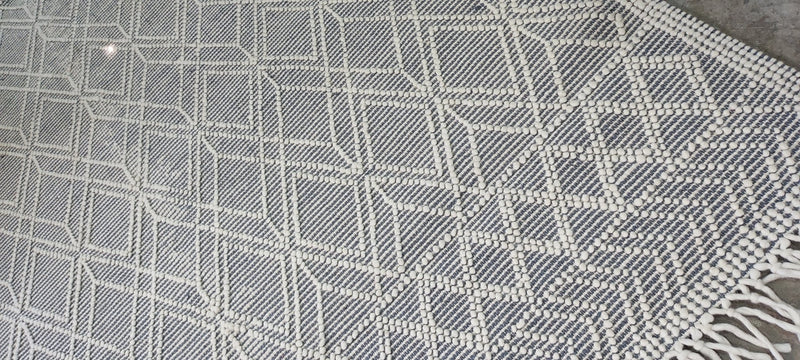 William Whitehead Handwoven Wool Durrie Ivory Blue Geometrical (various sizes) | Banana Manor Rug Company