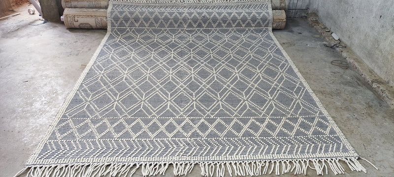 William Whitehead Handwoven Wool Durrie Ivory Blue Geometrical (various sizes) | Banana Manor Rug Company