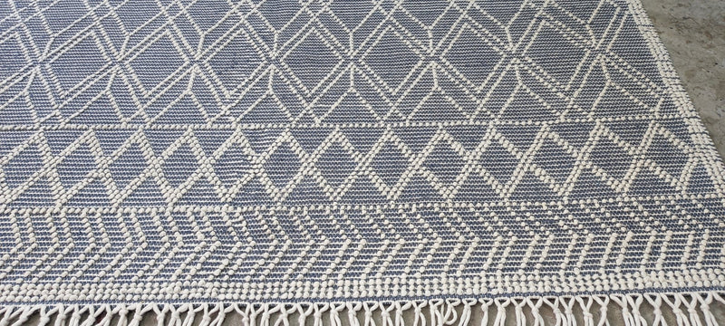 William Whitehead Handwoven Wool Durrie Ivory Blue Geometrical (various sizes) | Banana Manor Rug Company