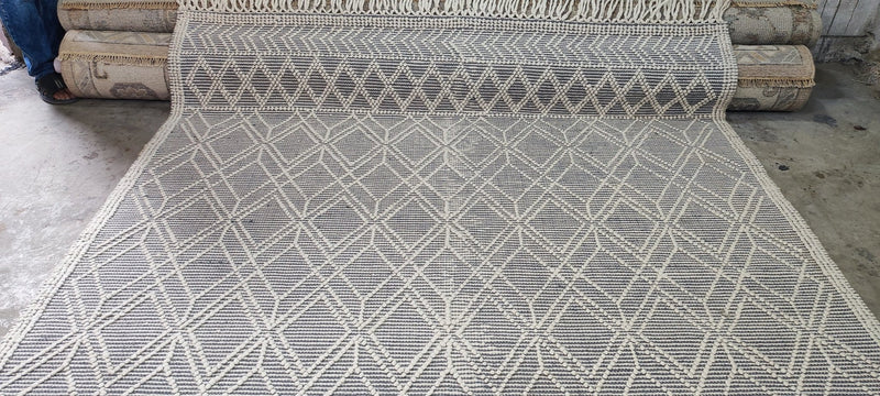 William Whitehead Handwoven Wool Durrie Ivory Blue Geometrical (various sizes) | Banana Manor Rug Company