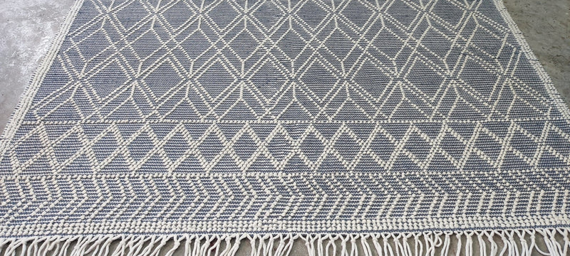 William Whitehead Handwoven Wool Durrie Ivory Blue Geometrical (various sizes) | Banana Manor Rug Company