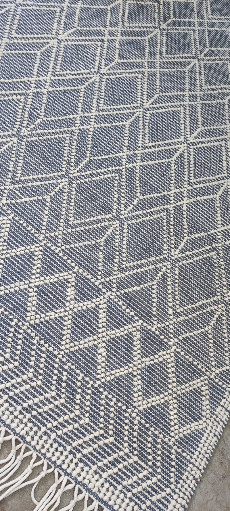 William Whitehead Handwoven Wool Durrie Ivory Blue Geometrical (various sizes) | Banana Manor Rug Company