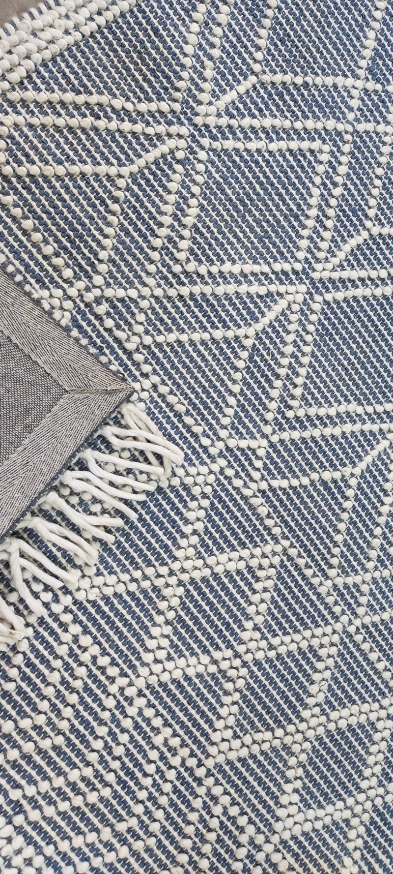 William Whitehead Handwoven Wool Durrie Ivory Blue Geometrical (various sizes) | Banana Manor Rug Company