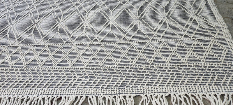 William Whitehead Handwoven Wool Durrie Ivory Blue Geometrical (various sizes) | Banana Manor Rug Company