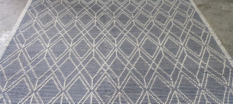 William Whitehead Handwoven Wool Durrie Ivory Blue Geometrical (various sizes) | Banana Manor Rug Company