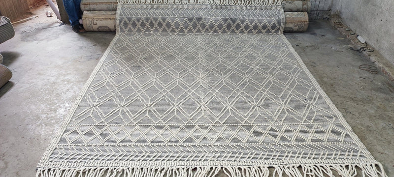 William Whitehead Handwoven Wool Durrie Ivory Blue Geometrical (various sizes) | Banana Manor Rug Company