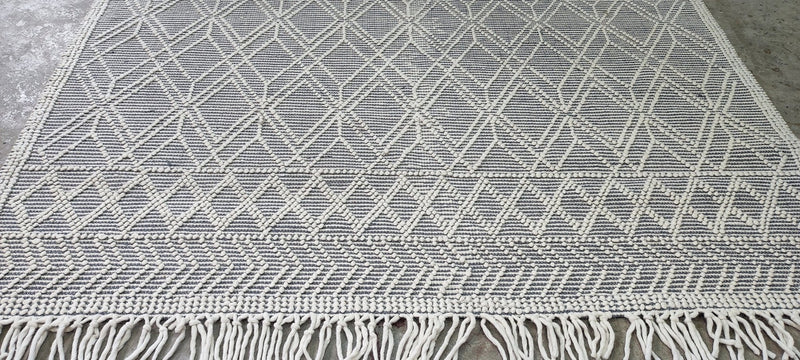 William Whitehead Handwoven Wool Durrie Ivory Blue Geometrical (various sizes) | Banana Manor Rug Company