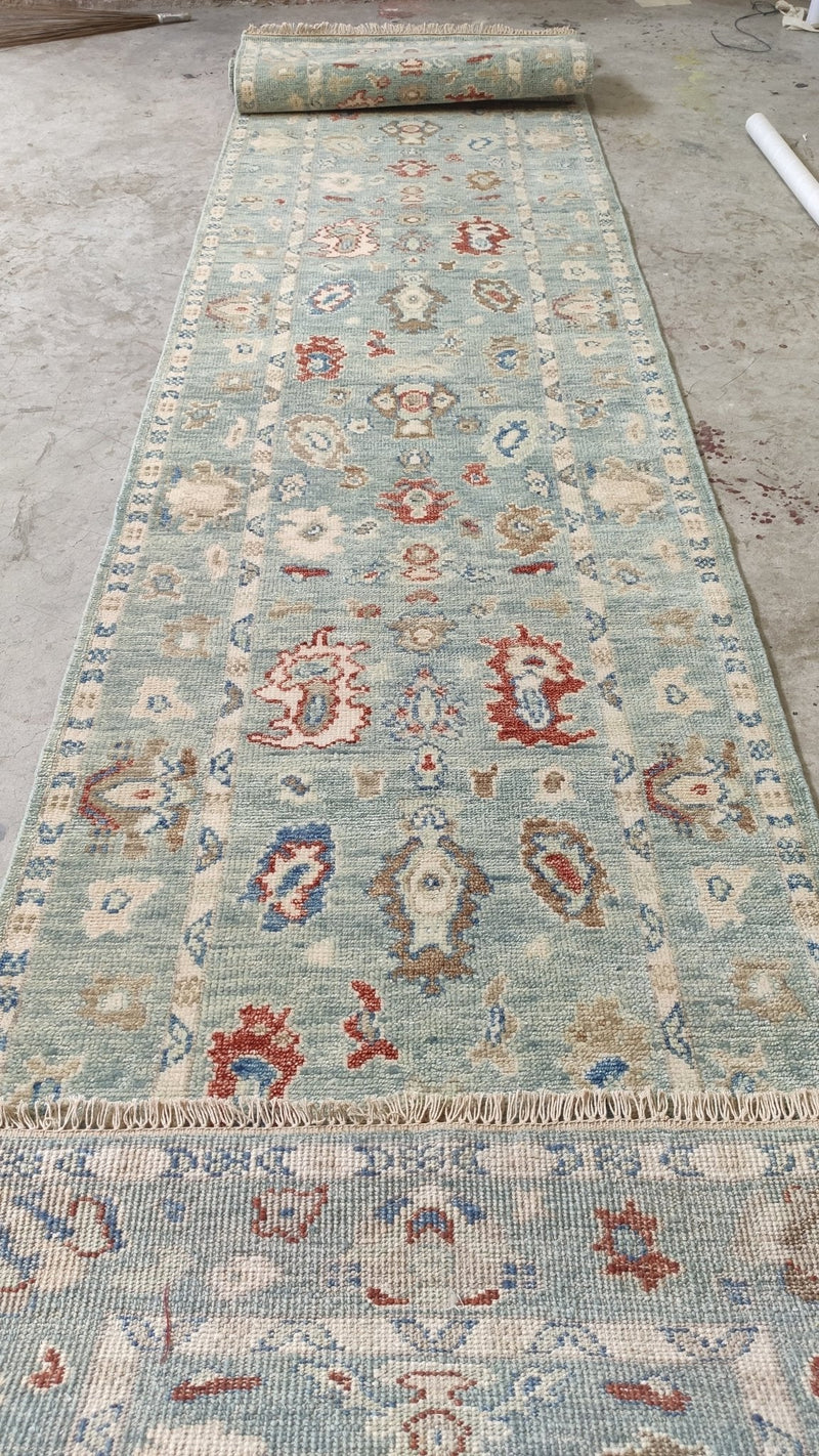 Winter 3x18 Aqua and Blue Hand-Knotted Oushak Runner | Banana Manor Rug Company