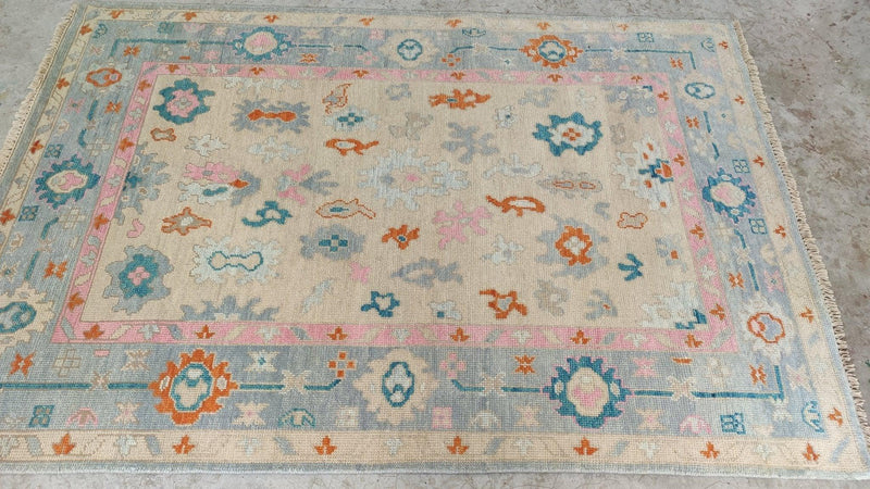 Zoe 5x7.3 Hand-Knotted Camel and Blue Oushak Rug | Banana Manor Rug Company