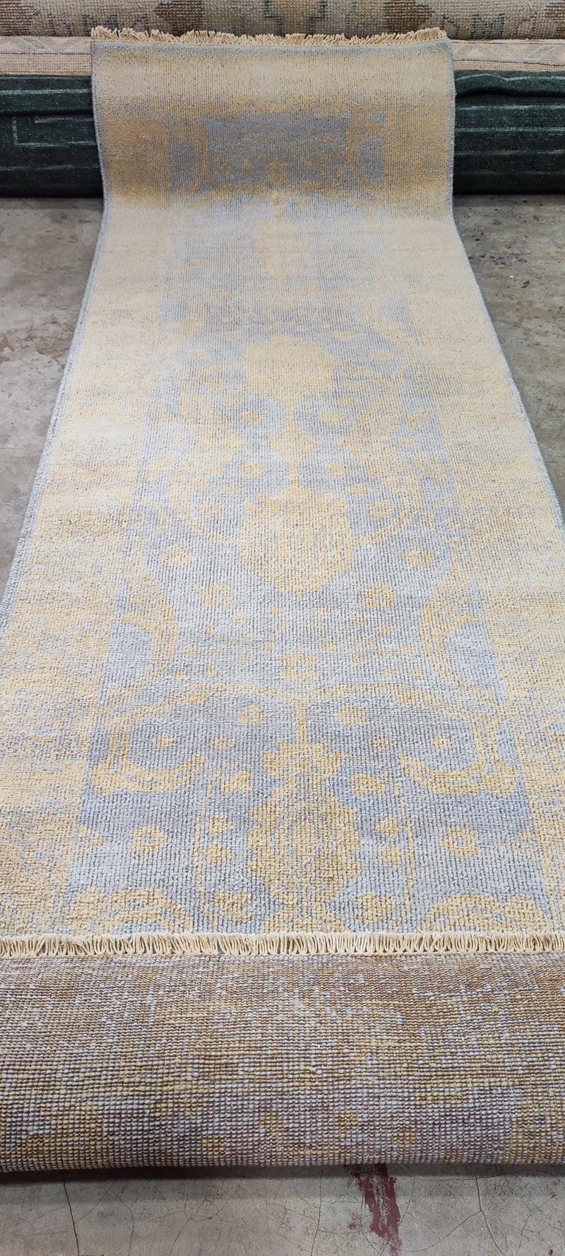 Zoe Bell Hand-Knotted Aqua and Gold Oushak Runner 2.9x9 | Banana Manor Rug Company