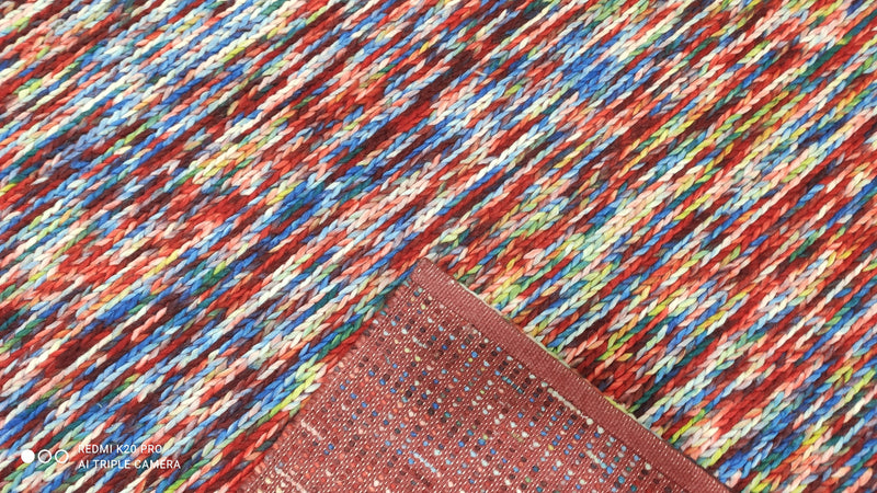 Color Explosion 4.9x8 Handwoven Red and Blue Striped Durrie Rug | Banana Manor Rug Company