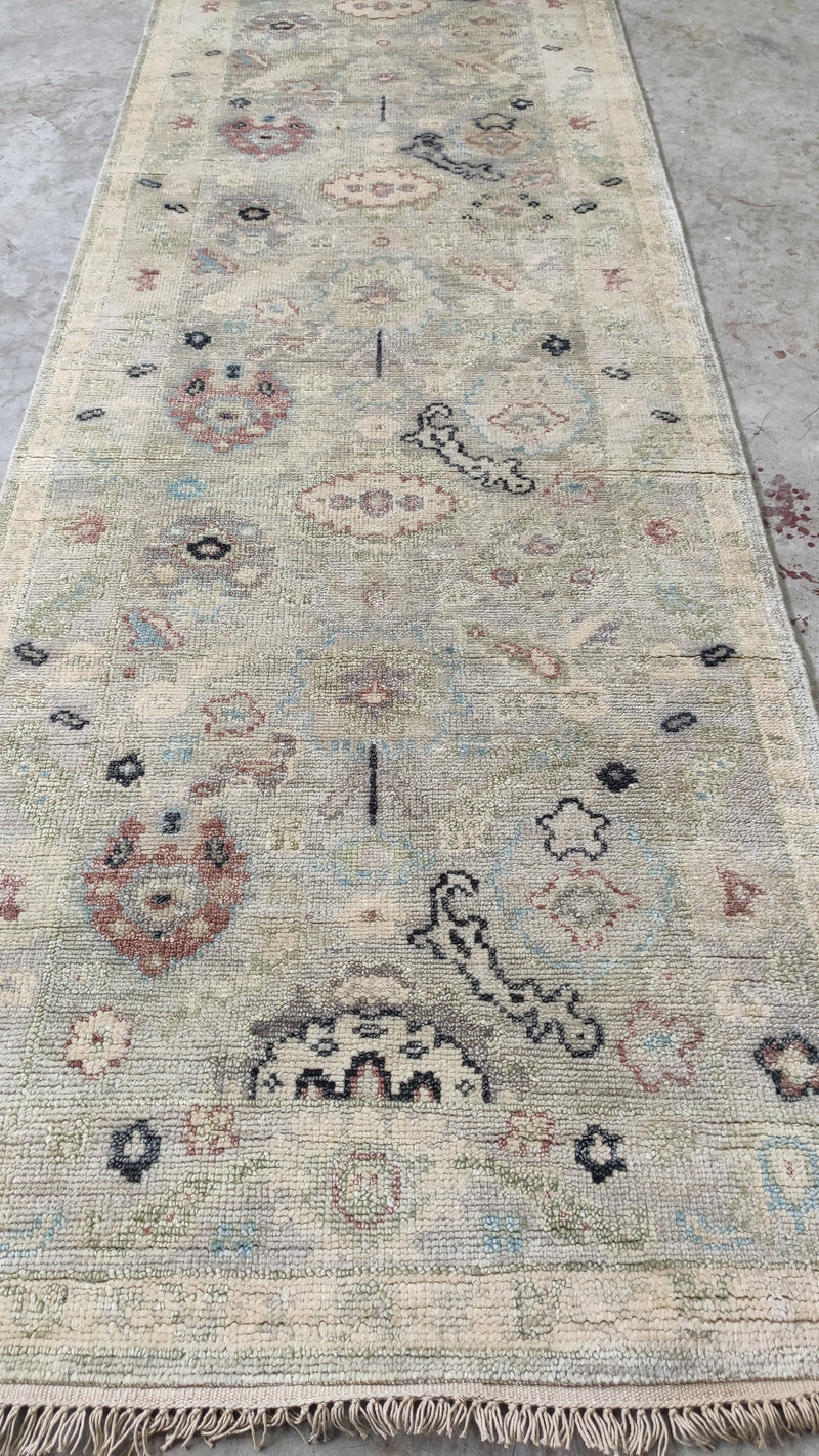 Charlotte la Bouf 3x12  Light Green and Tan Hand-Knotted Oushak Rug