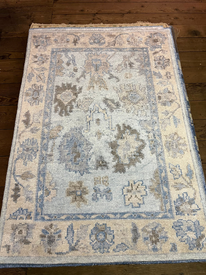 Liliana 4x6 Sky Blue and Beige Hand-Knotted Bamboo Silk Oushak Rug | Banana Manor Rug Company