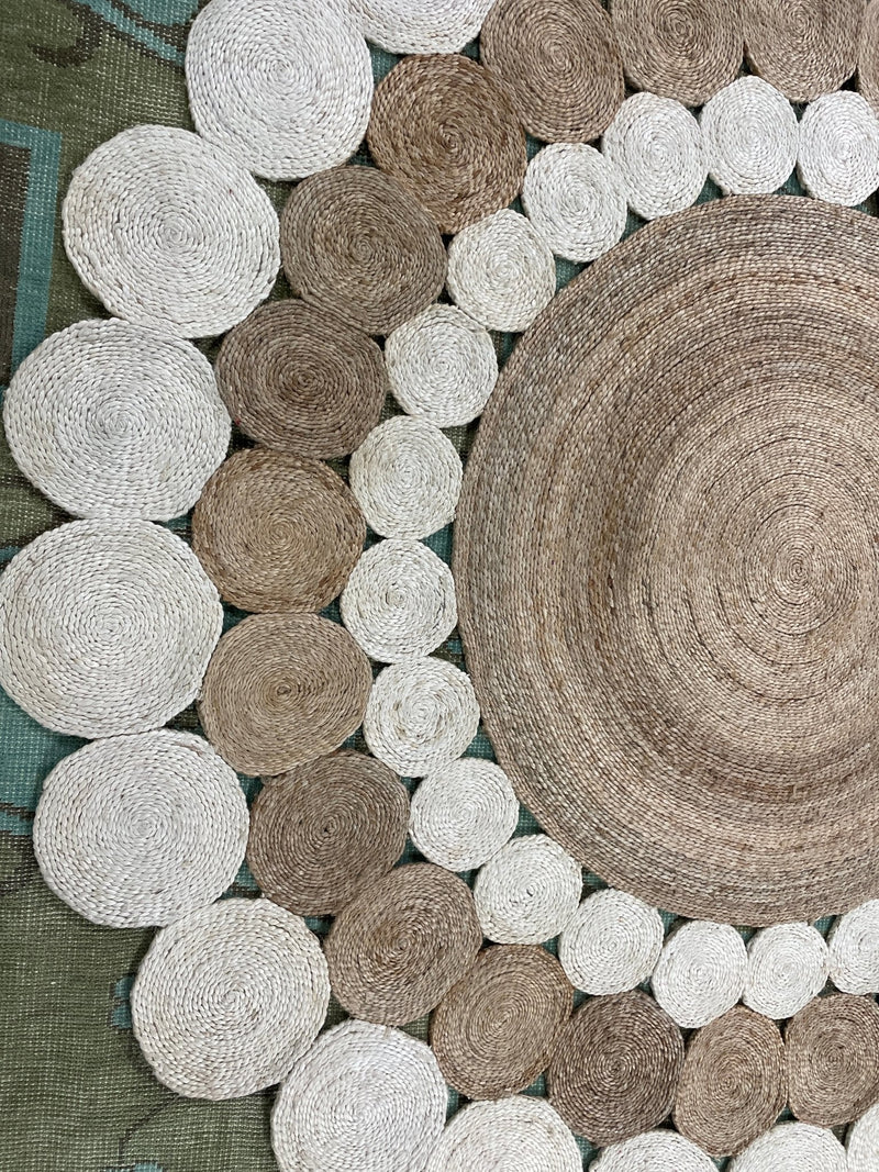 Areola 52 Handwoven Natural White 8x8 Round Durrie Rug | Banana Manor Rug Company