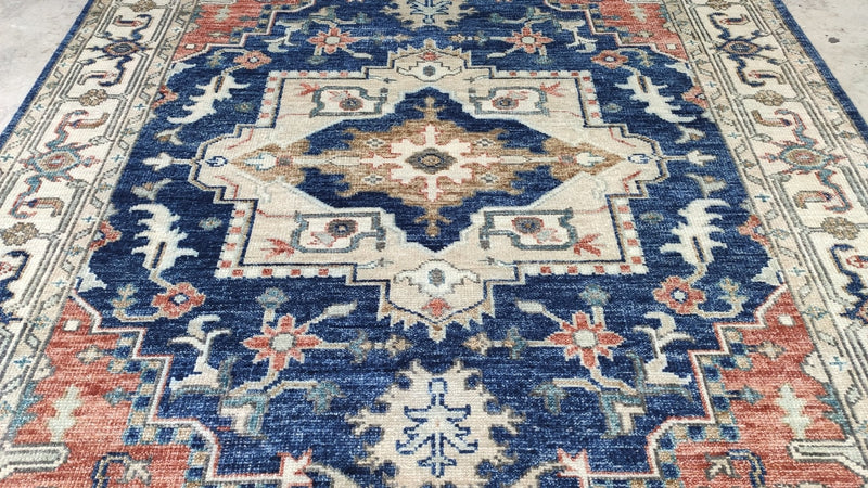 Becca 8x10 Blue, Rust, and Ivory Hand-Knotted Rug | Banana Manor Rug Company