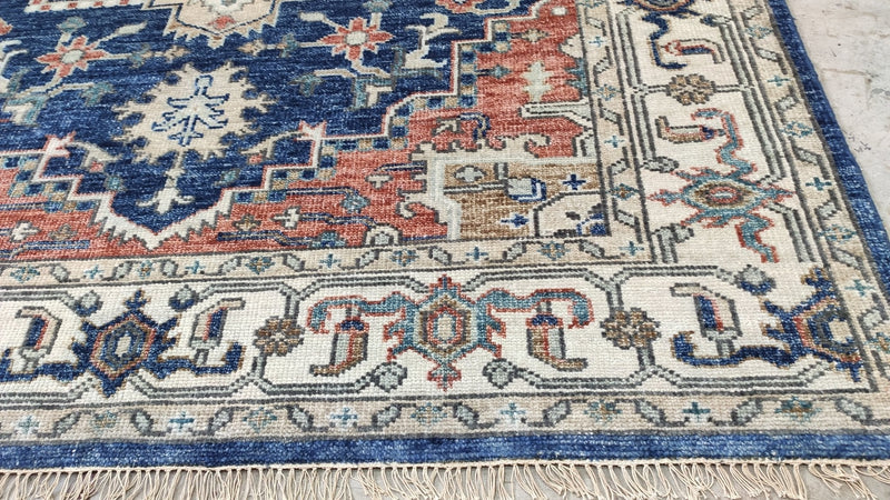 Becca 8x10 Blue, Rust, and Ivory Hand-Knotted Rug | Banana Manor Rug Company