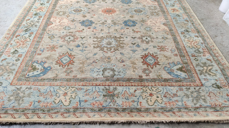 Brinley 8.9x11.9 Beige and Light Blue Hand-Knotted Oushak Rug | Banana Manor Rug Company