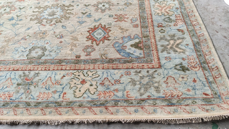 Brinley 8.9x11.9 Beige and Light Blue Hand-Knotted Oushak Rug | Banana Manor Rug Company