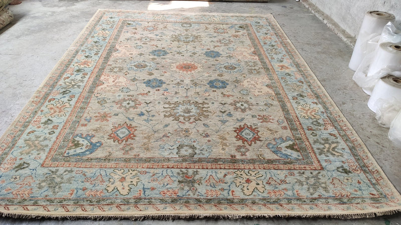 Brinley 8.9x11.9 Beige and Light Blue Hand-Knotted Oushak Rug | Banana Manor Rug Company