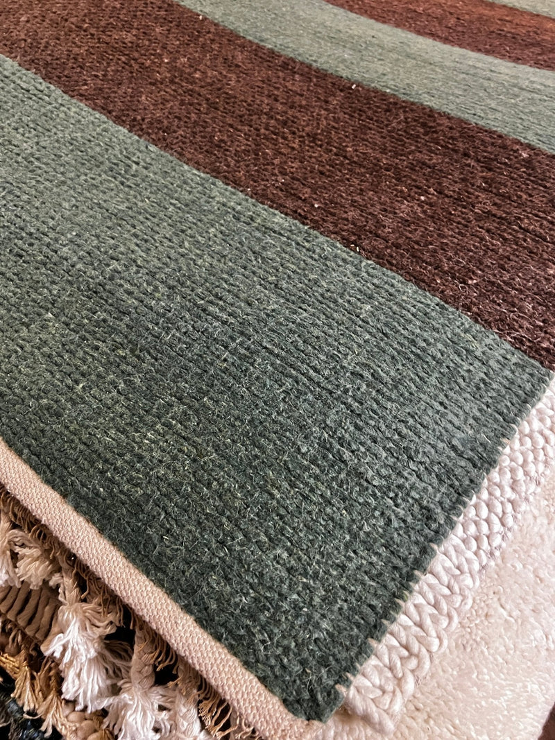 Dr. Evil 4.6x7 Brown and Green Striped Handwoven Durrie Rug | Banana Manor Rug Company