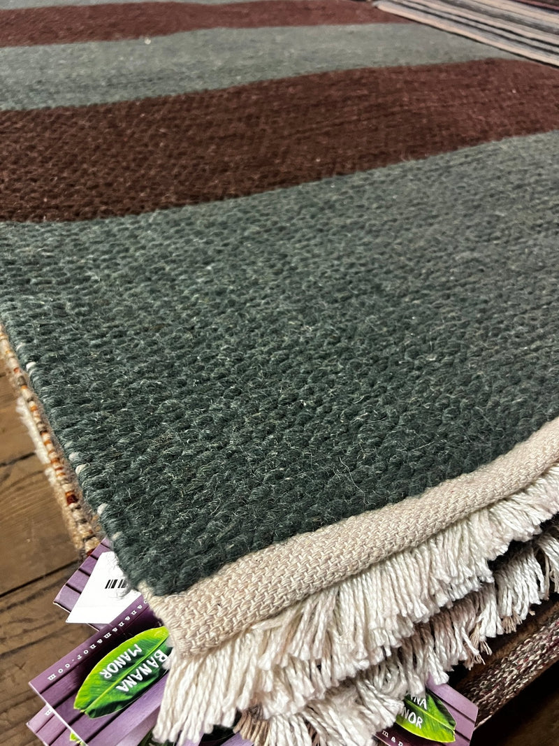 Dr. Evil 4.6x7 Brown and Green Striped Handwoven Durrie Rug | Banana Manor Rug Factory Outlet