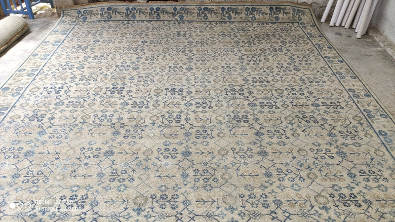 Janice 11x13.9 Hand-Knotted Ivory and Blue Oushak Rug | Banana Manor Rug Company