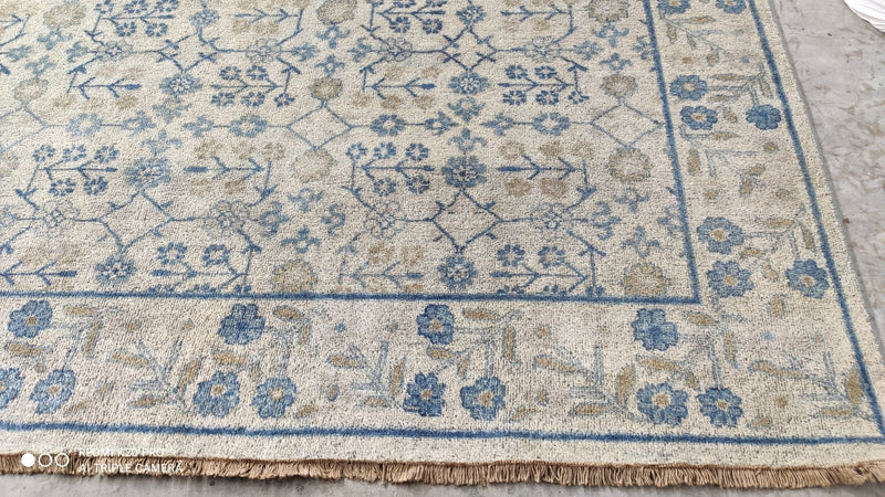 Janice 11x13.9 Hand-Knotted Ivory and Blue Oushak Rug | Banana Manor Rug Company