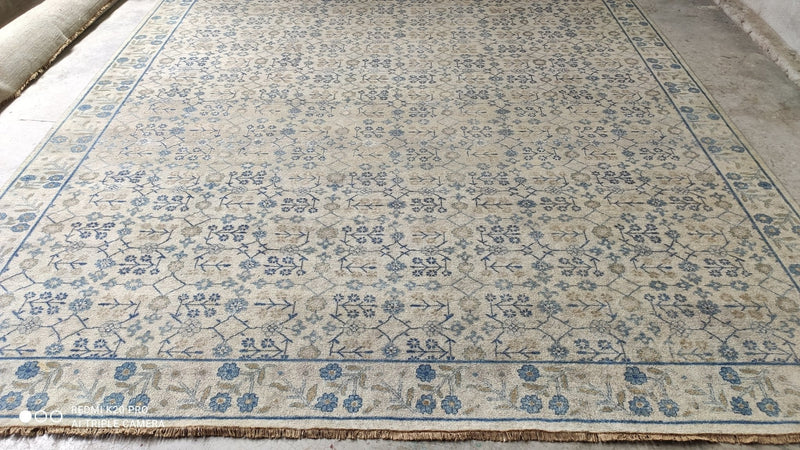 Janice 11x13.9 Hand-Knotted Ivory and Blue Oushak Rug | Banana Manor Rug Company