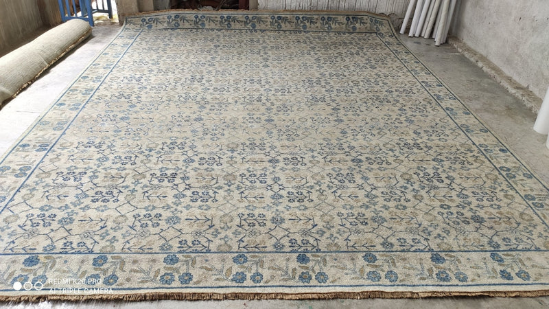 Janice 11x13.9 Hand-Knotted Ivory and Blue Oushak Rug | Banana Manor Rug Company