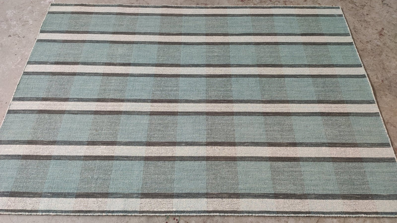 Kenneth Cheek 4.9x6.9 Light Green Handwoven Striped Durrie Rug | Banana Manor Rug Company