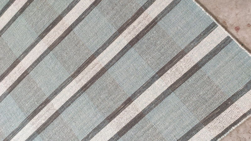 Kenneth Cheek 4.9x6.9 Light Green Handwoven Striped Durrie Rug | Banana Manor Rug Company