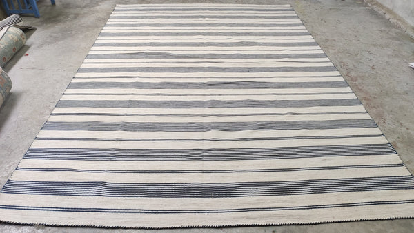 Larry 8x11.3 White and Blue Handwoven Striped Durrie Rug | Banana Manor Rug Company