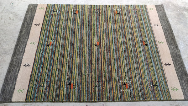 Linda Richman 4x5.9 Green Striped Handwoven Rug | Banana Manor Rug Company