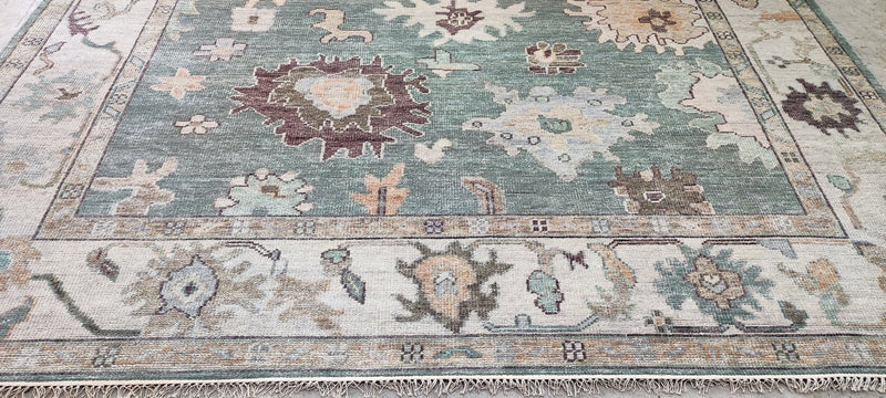 Mara Miller 10X14 Light Green and Tan Hand-Knotted Oushak Rug | Banana Manor Rug Company